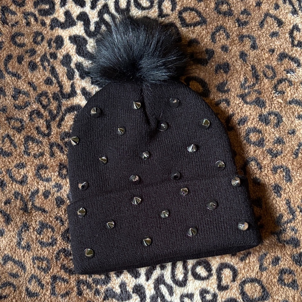 Black Beanie with Studs and Pom Pom